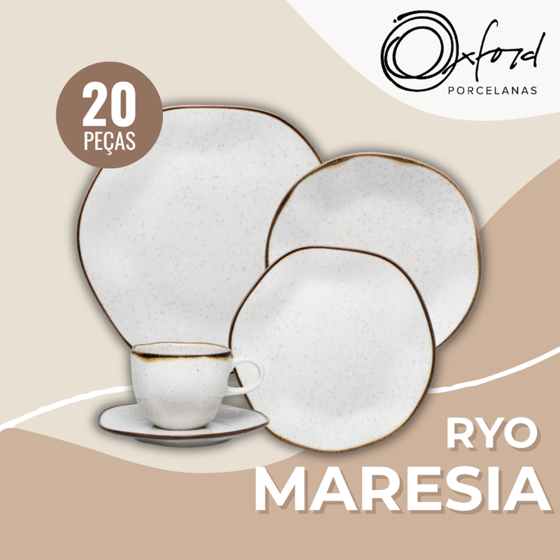 Aparelho de Jantar e Chá Porcelana 20 peças Ryo Maresia Jogo de Pratos e Xícaras Oxford