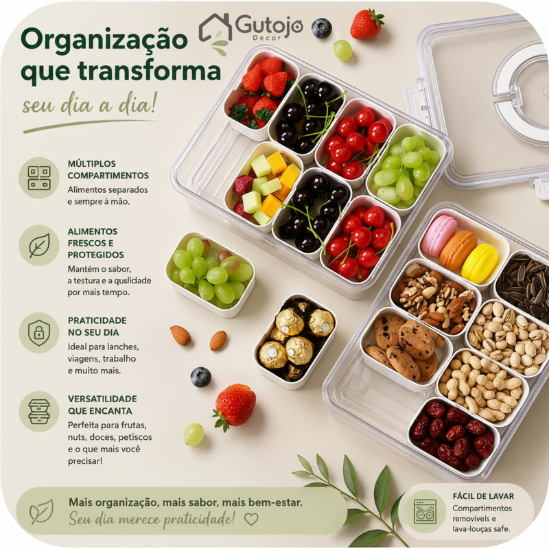Pote Organizador de Geladeira Hermético Multiuso 8 Divisórias Com Escorredor
