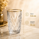 Kit 6 Copos Altos Diamond 370ml Vidro Borda Dourada Luxo