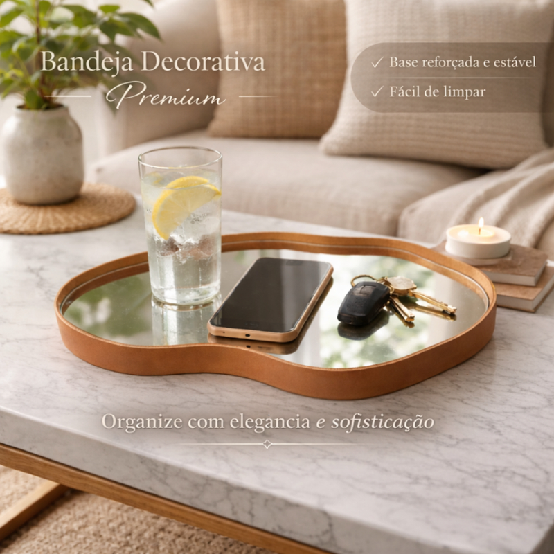 Bandeja Espelhada Decorativa Orgânico Couro Ecológico Premium 38x26cm Sala Quarto Banheiro Mesa Hall