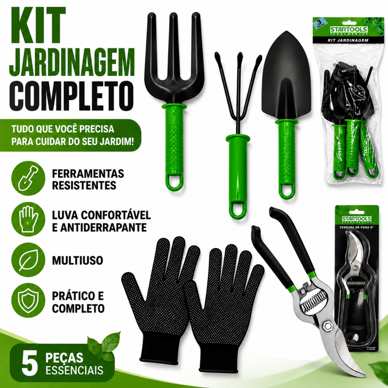 Kit Jogo Jardinagem Jardim Pá Ancinho GarfoTesoura Poda Luva 5 Peças Profissional Ferramenta